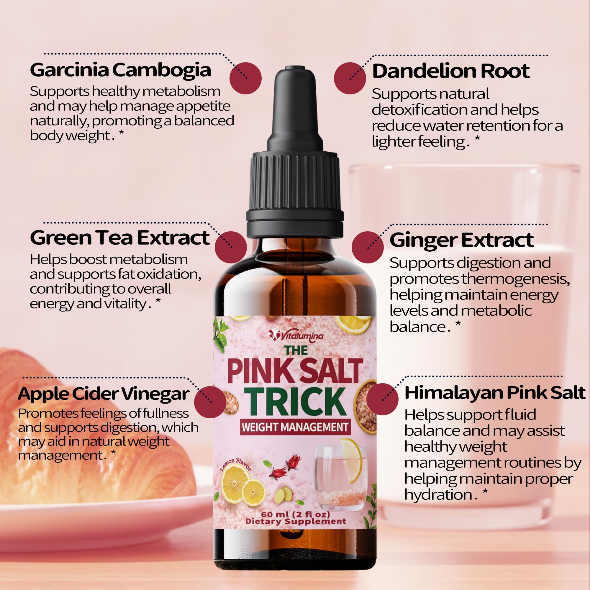 Vitalumina Pink Salt Trick Drops 60ml lemon flavour label