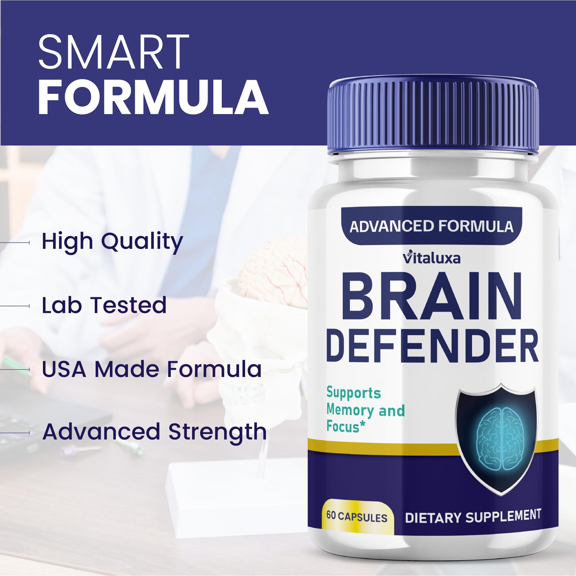 Vitaluxa Brain Defender Supplement capsules on a table