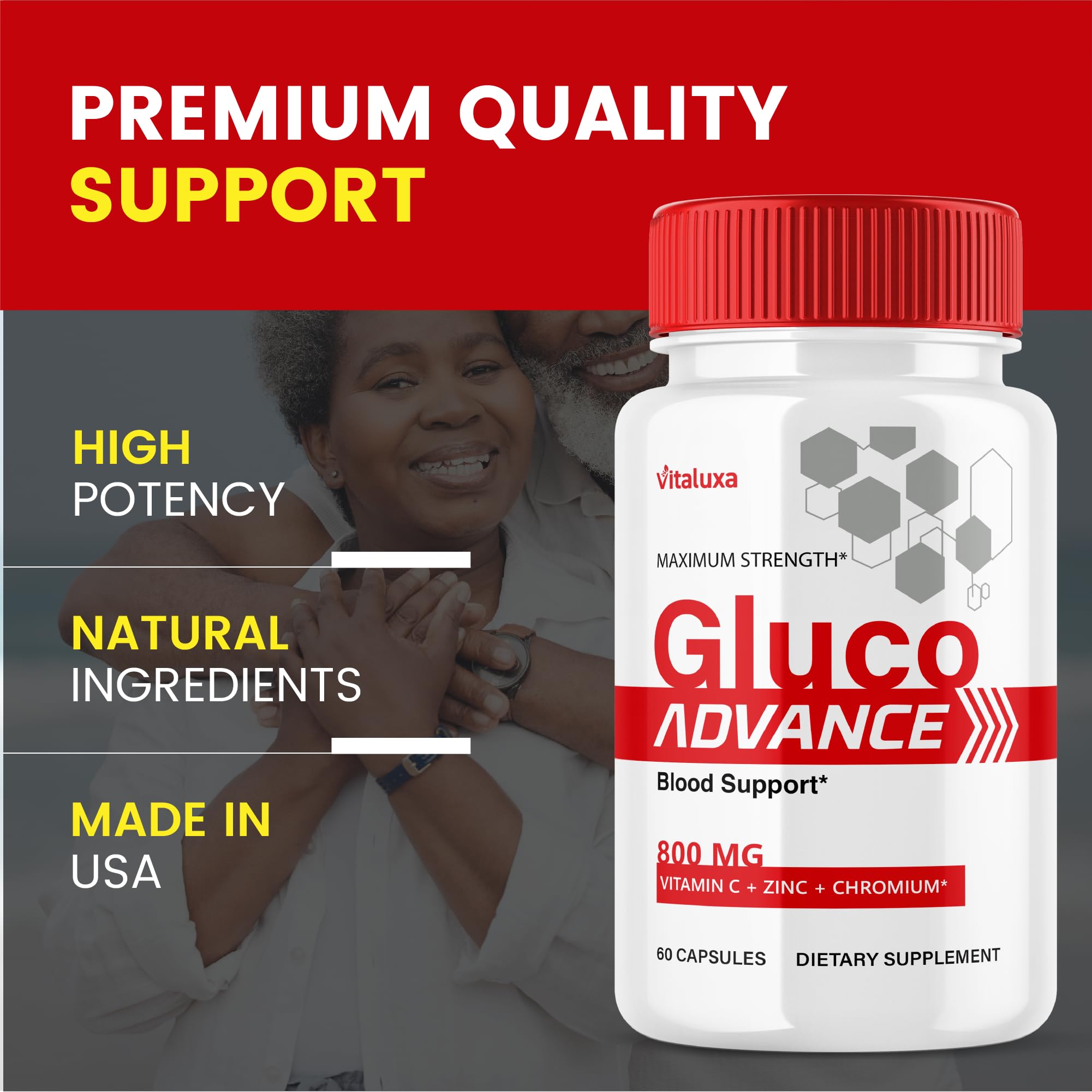 Vitaluxa Gluco Advance Capsules back view with ingredient list
