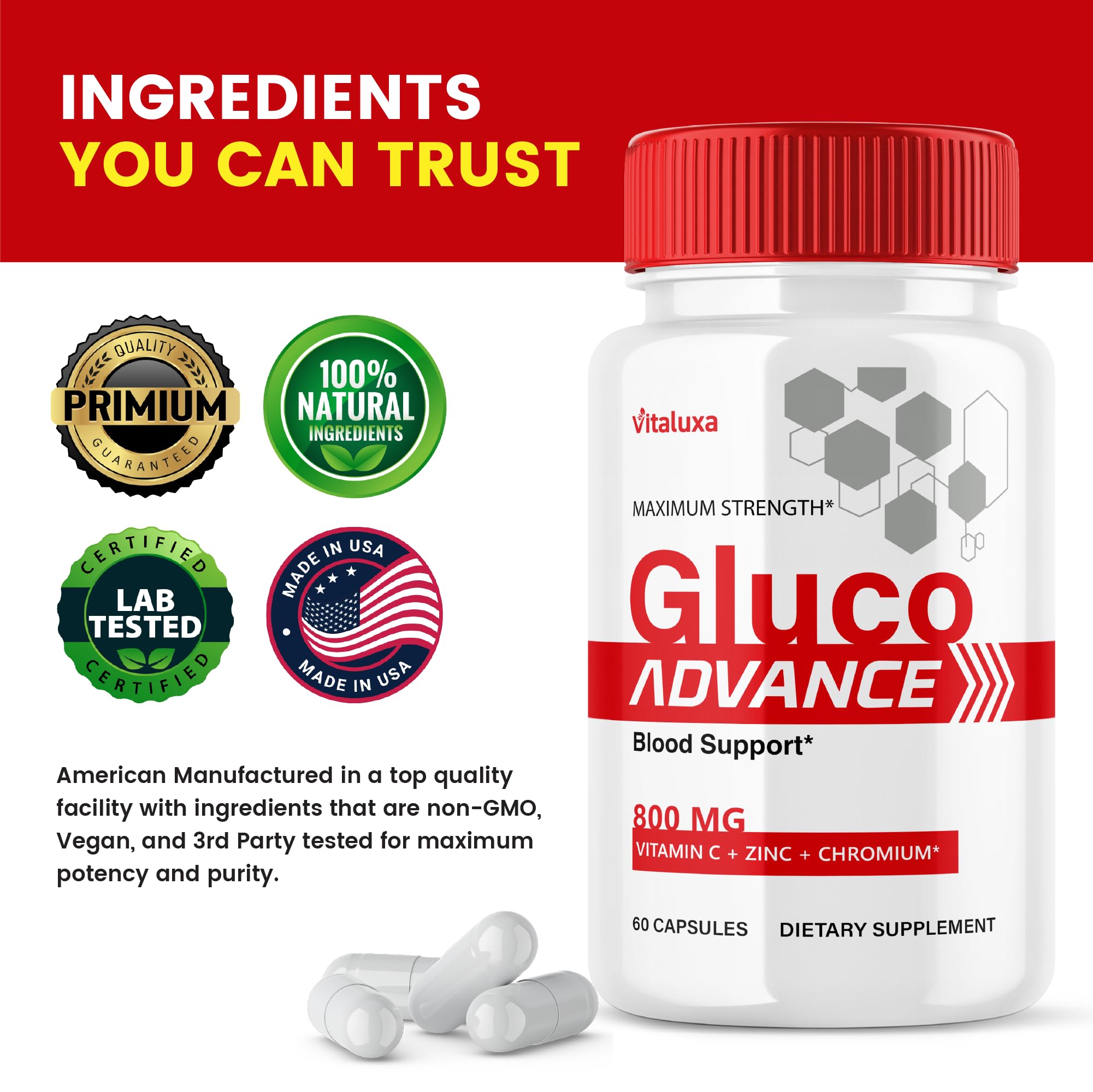 Vitaluxa Gluco Advance Capsules lifestyle scene on kitchen counter