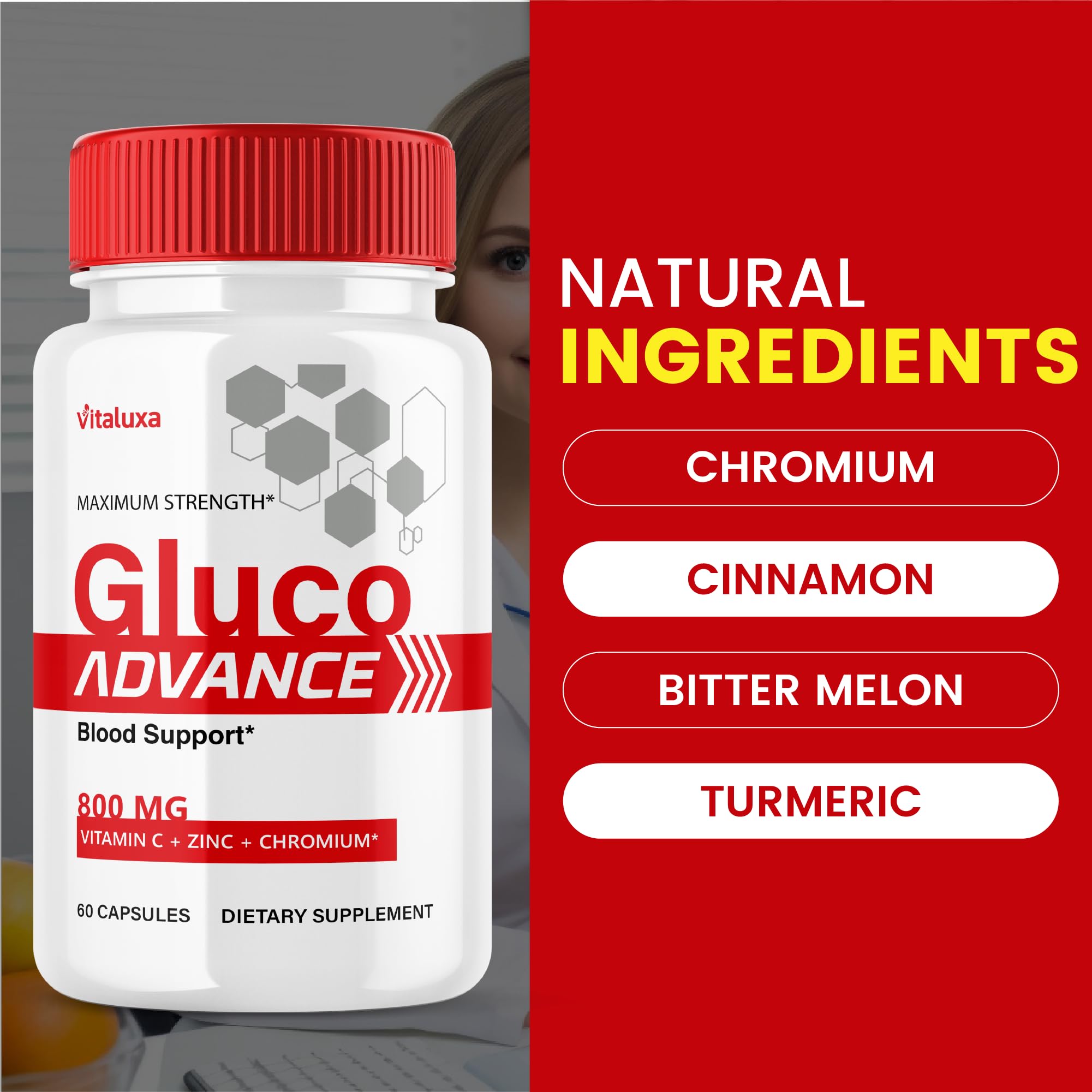 Vitaluxa Gluco Advance Capsules opened bottle with capsules