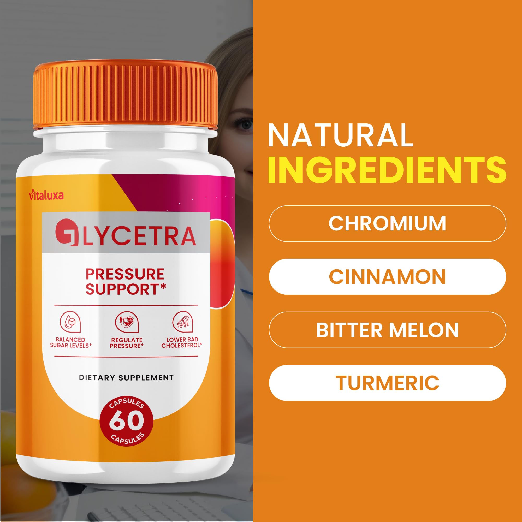 Vitaluxa Glycetra Natural Dietary Supplement bottle with label