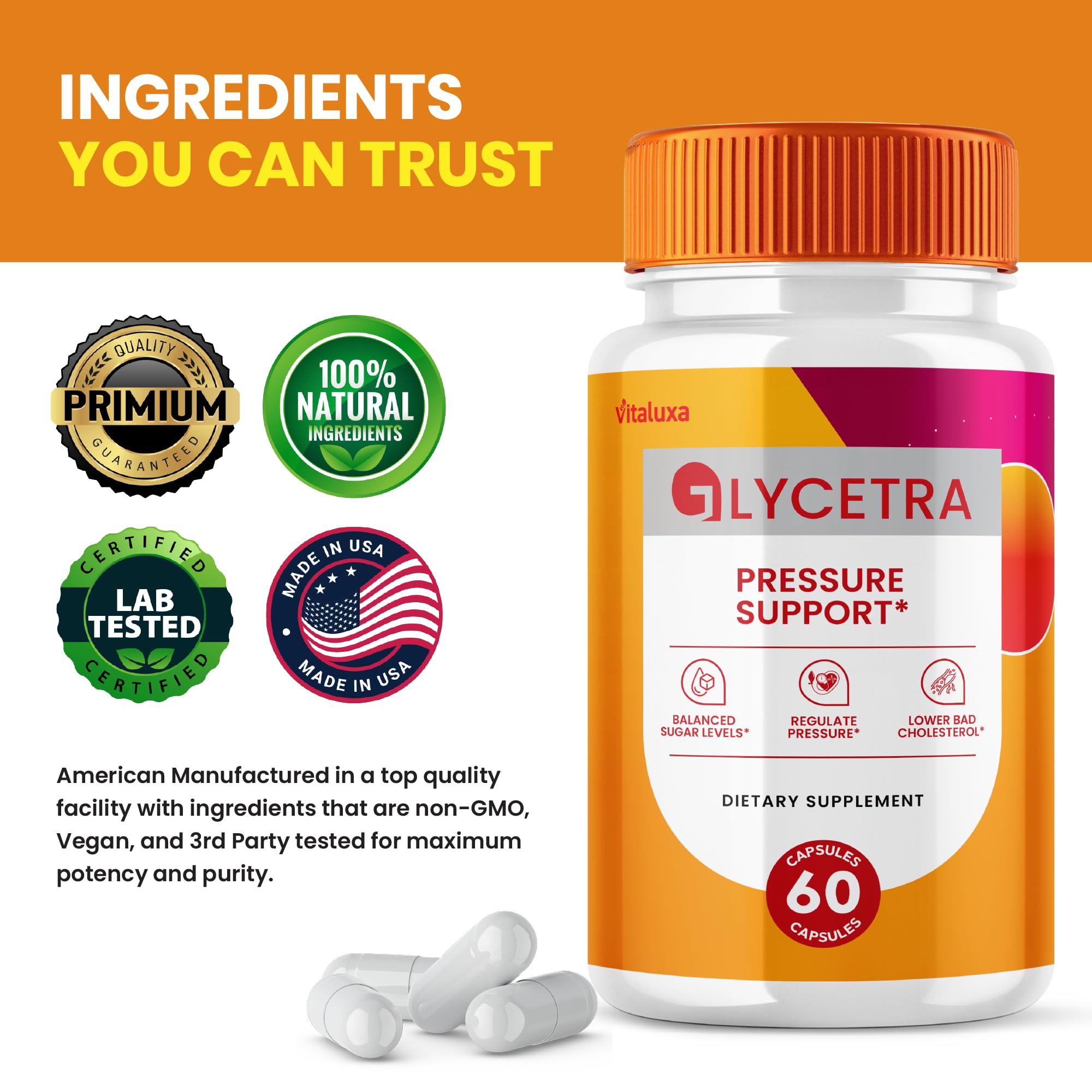 Vitaluxa Glycetra Natural Dietary Supplement capsules in hand