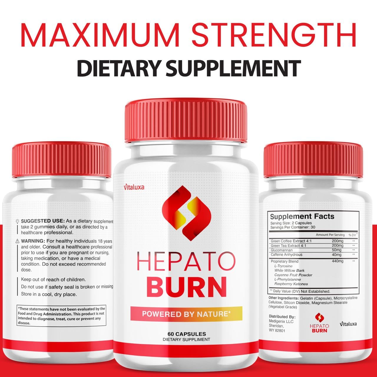 Vitaluxa HepatoBurn Supplement Pills with measuring spoon