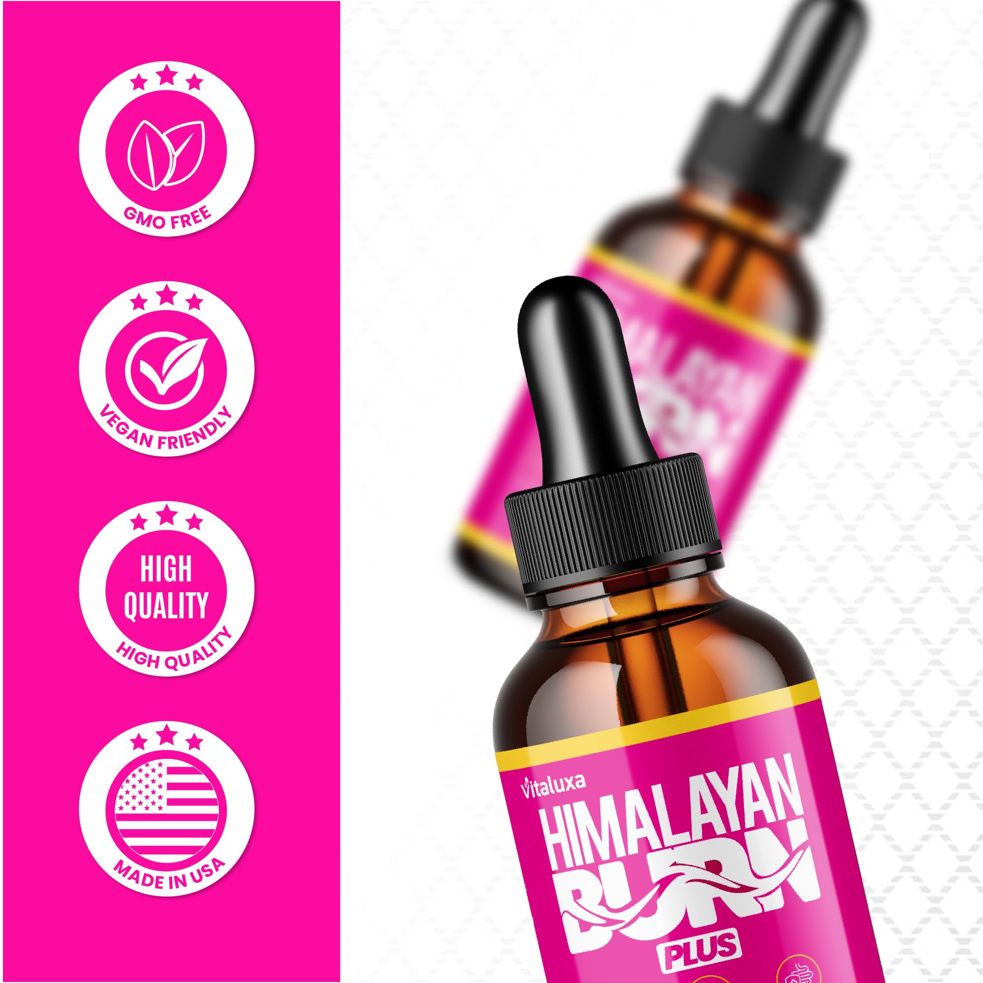 Vitaluxa Himalayan Burn Plus Liquid Drops with measuring spoon
