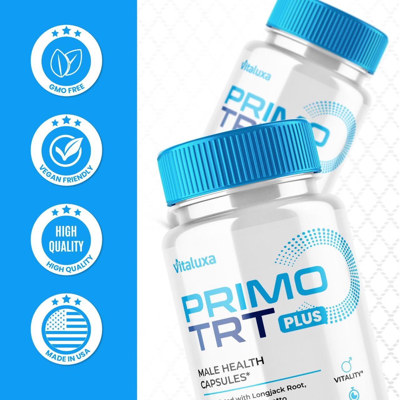 Vitaluxa Primo TRT Plus Capsules on a table