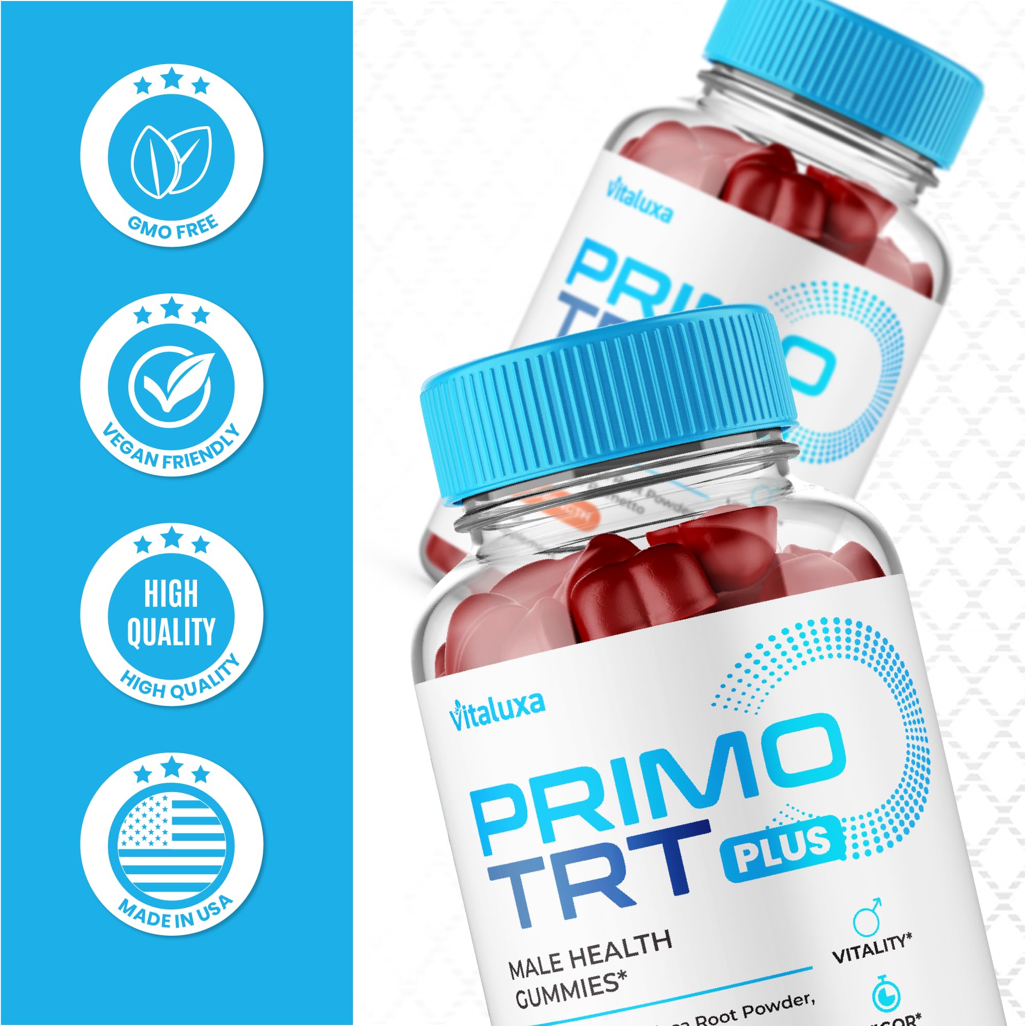 Vitaluxa Primo TRT Plus Gummies opened with gummies visible