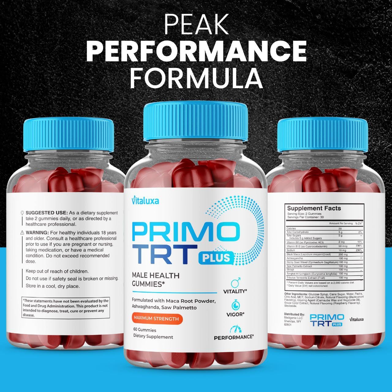 Vitaluxa Primo TRT Plus Gummies packaging on a table