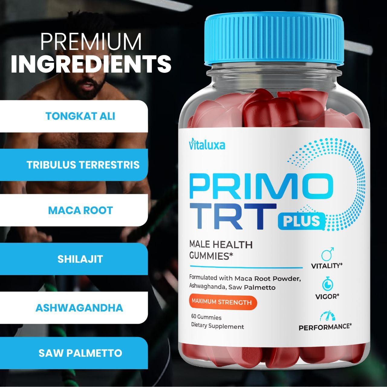 Vitaluxa Primo TRT Plus Gummies side view showing gummies