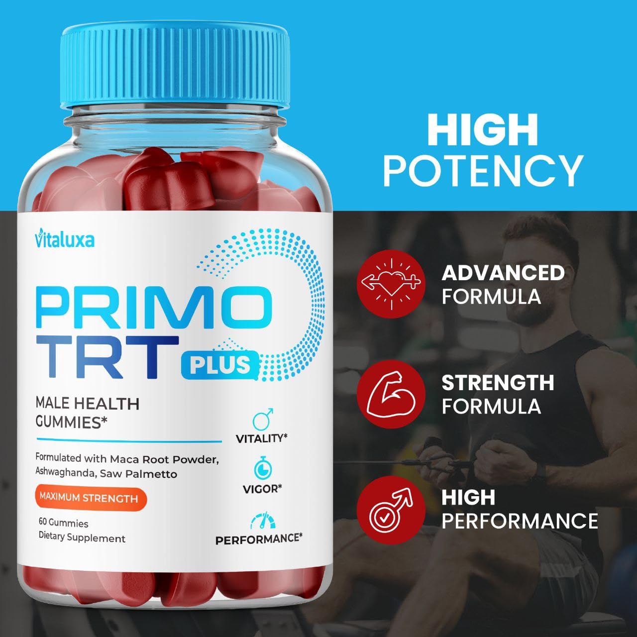 Vitaluxa Primo TRT Plus Gummies with a close-up of the gummies