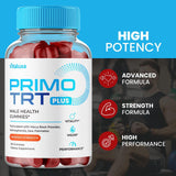 Vitaluxa Primo TRT Plus Gummies with a close-up of the gummies
