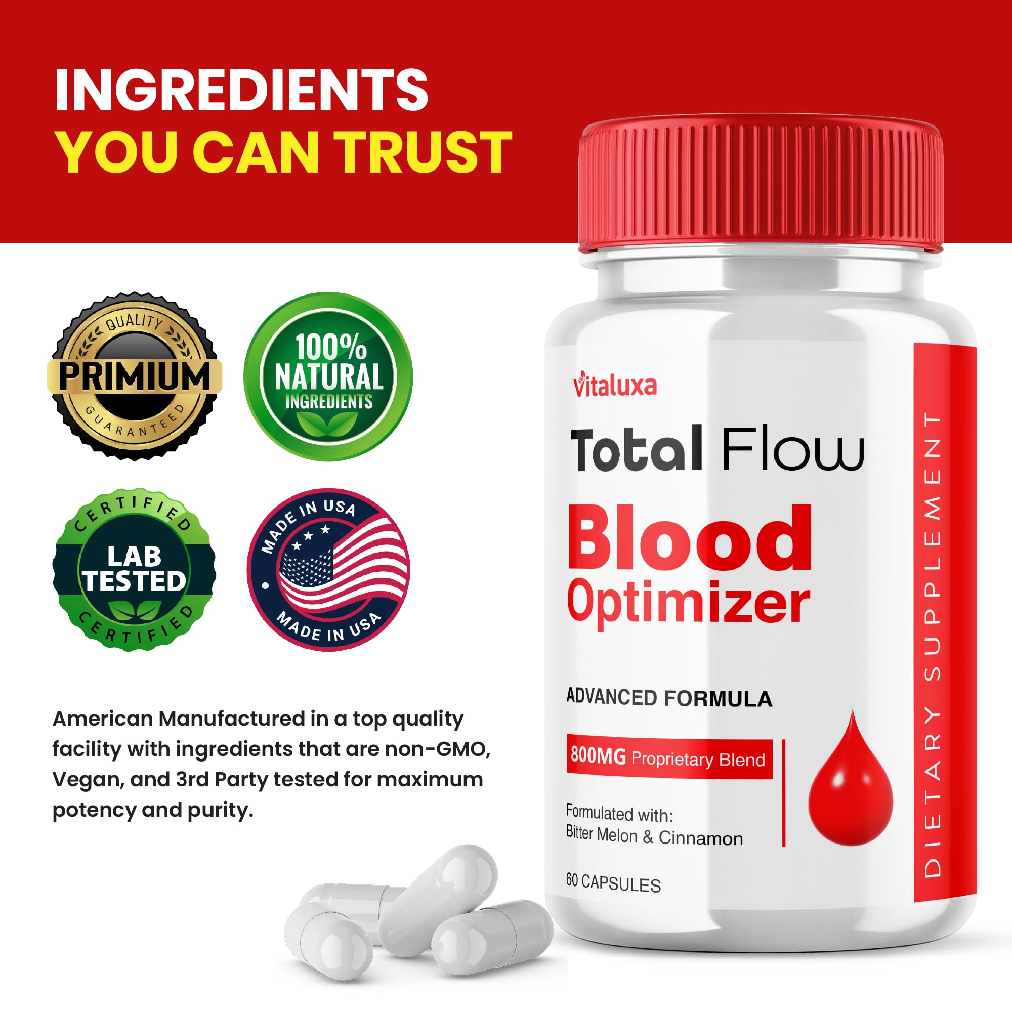 Vitaluxa Total Flow Daily Supplement Capsules on a wooden table