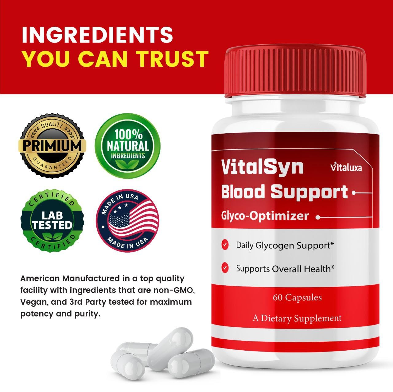 Vitaluxa Vitalsyn Blood Support Capsules in hand for size reference