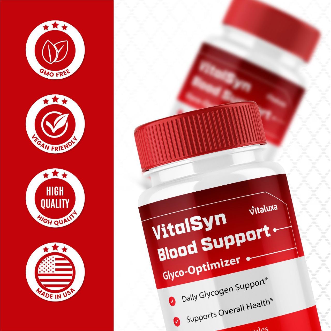 Vitaluxa Vitalsyn Blood Support Capsules lifestyle shot on a kitchen counter