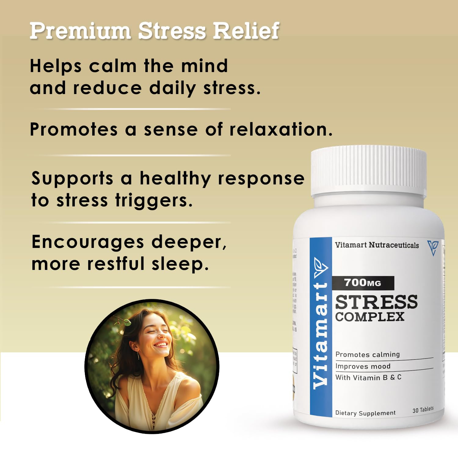 Vitamart Stress & Mood Tablets back view with ingredient list