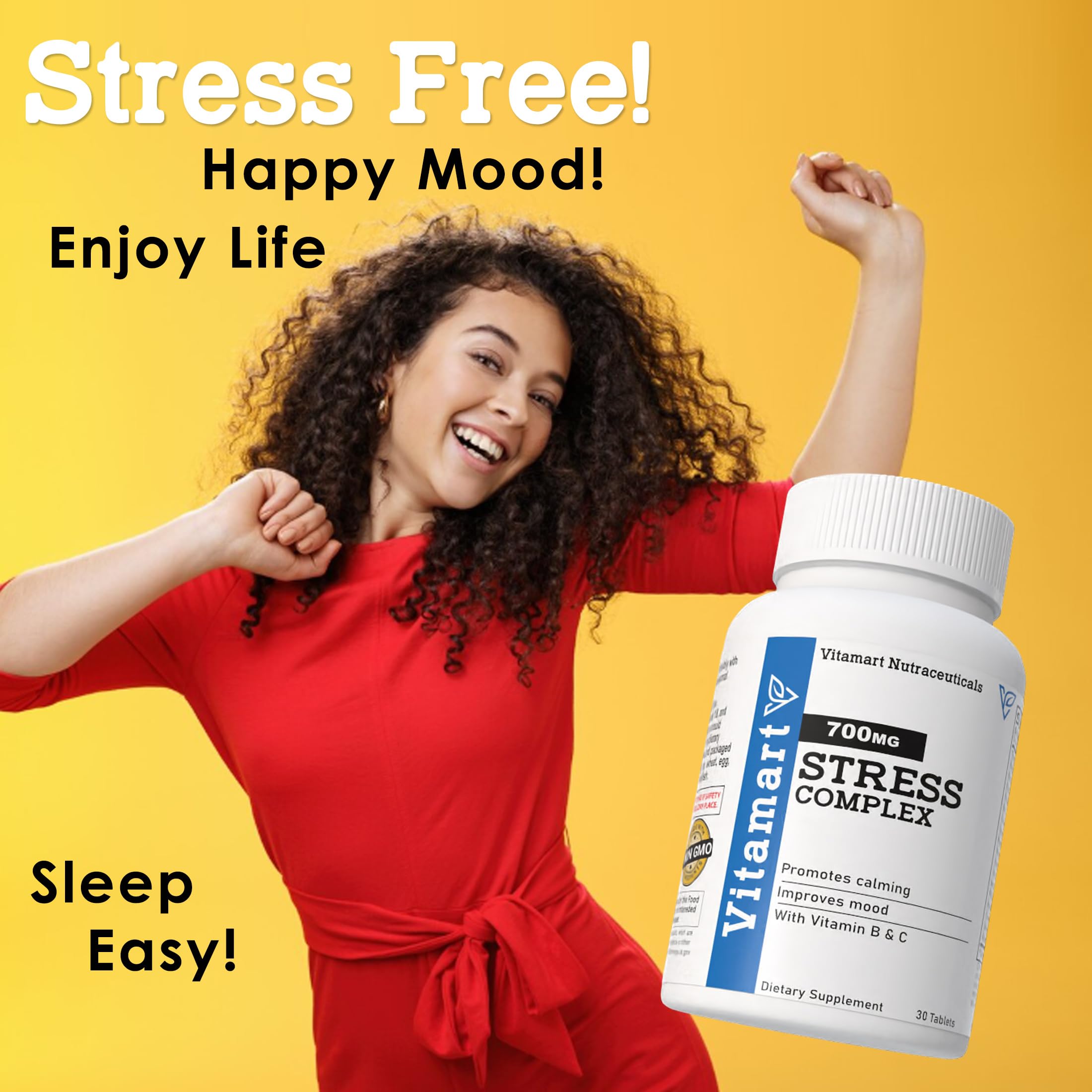 Vitamart Stress & Mood Tablets displayed on a wooden table