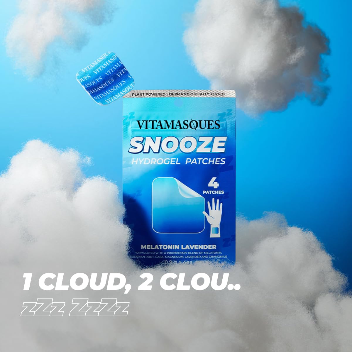 Vitamasques Snooze Hydrogel Sleep Patches displayed with lavender flowers
