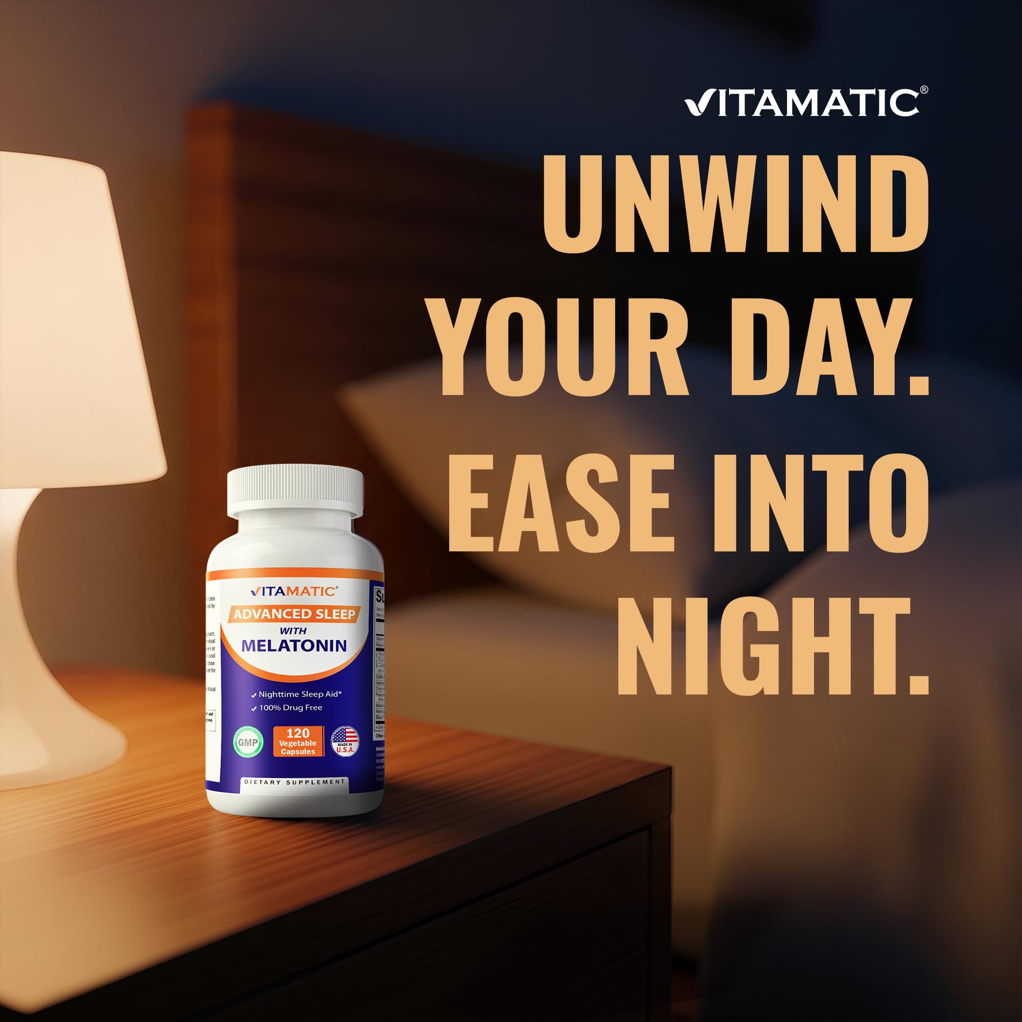Vitamatic Advanced Sleep Supplement capsules on a wooden surface