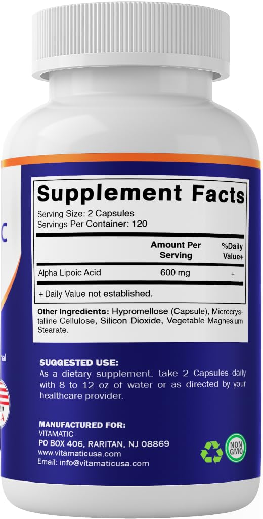 Vitamatic Alpha Lipoic Acid 600mg supplement capsules in a bowl