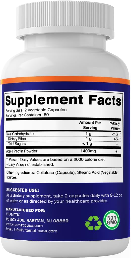 Vitamatic Apple Pectin Dietary Fibre Supplement capsule bottle with a glass of water