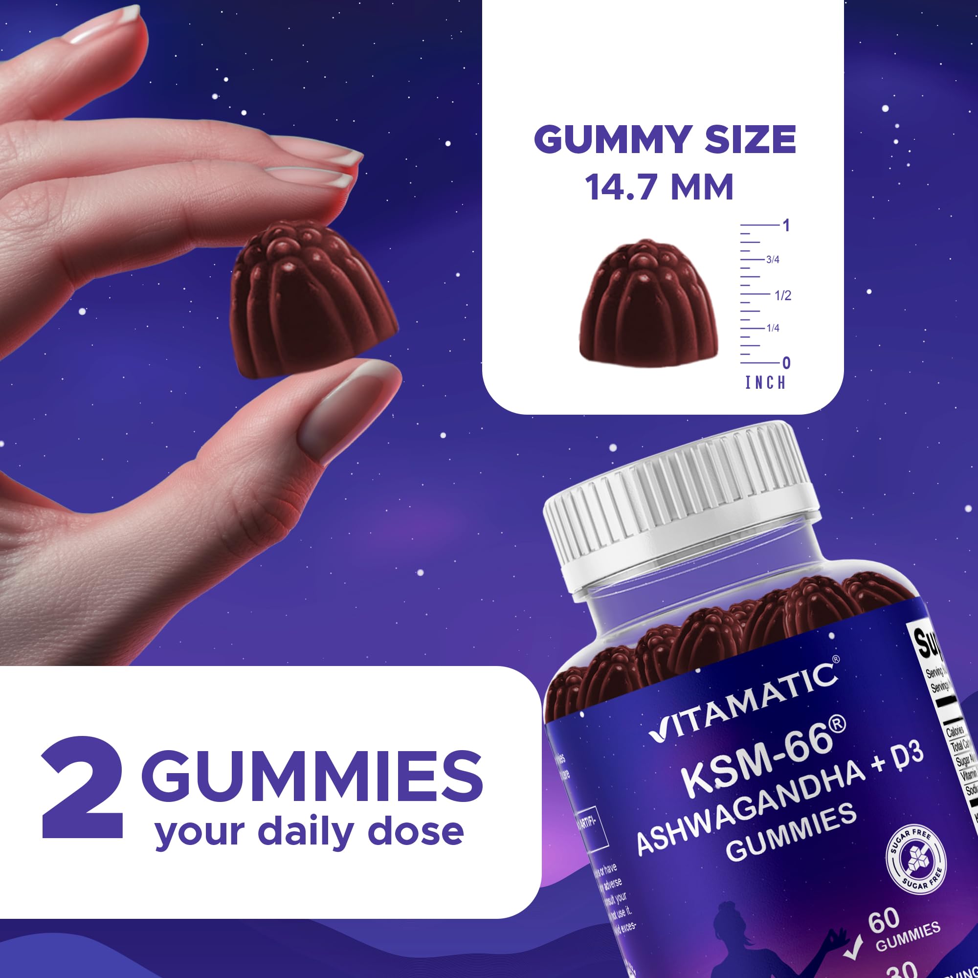 Vitamatic Ashwagandha Gummies displayed with fresh fruits