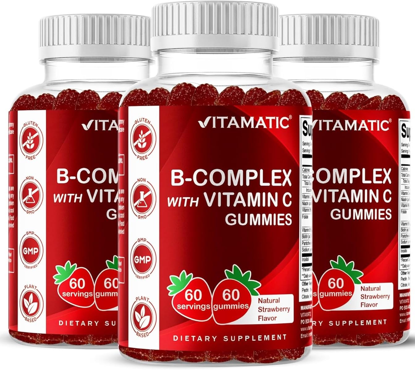 Vitamatic B-Complex Gummies front view with natural strawberry flavour