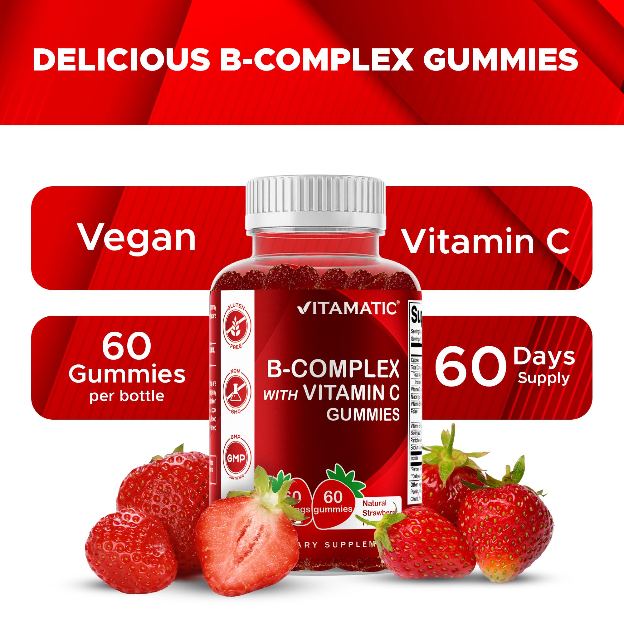 Vitamatic B-Complex Gummies with a fresh strawberry background