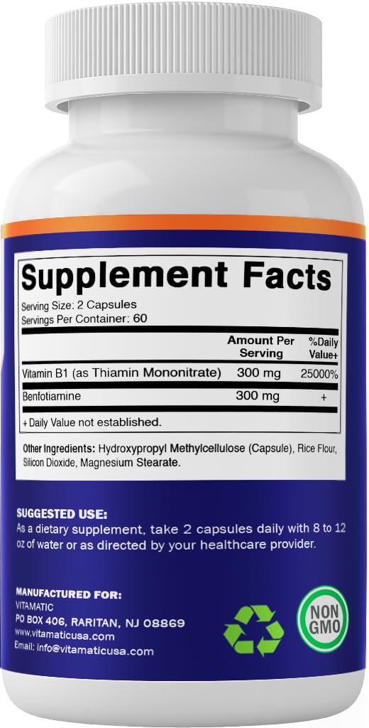 Vitamatic B1 Thiamine bottle with capsule and label close-up
