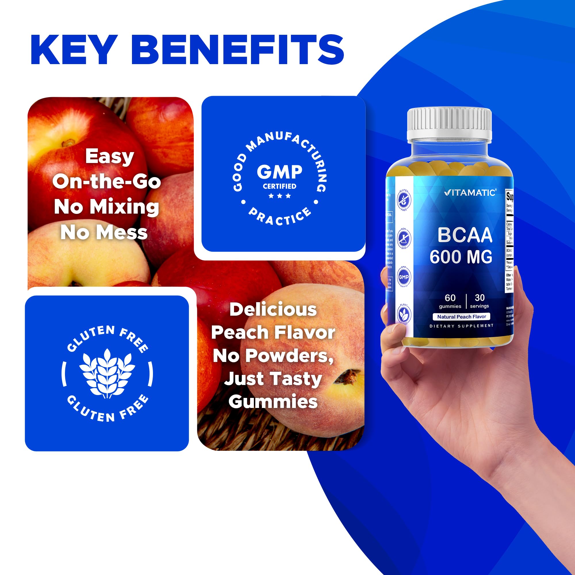 Vitamatic BCAA Gummies displayed on a gym bench