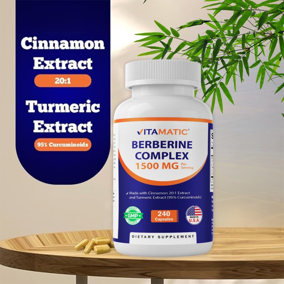 Vitamatic Berberine with Ceylon Cinnamon capsules on a table