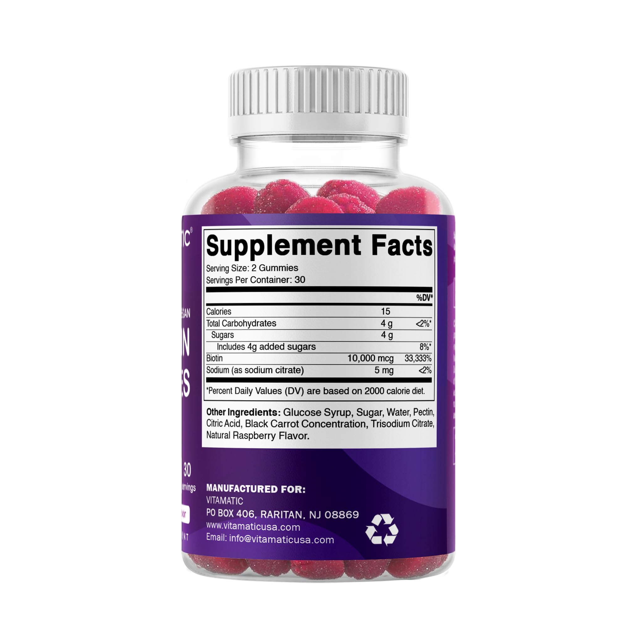 Vitamatic Biotin Gummies displayed with fresh raspberries