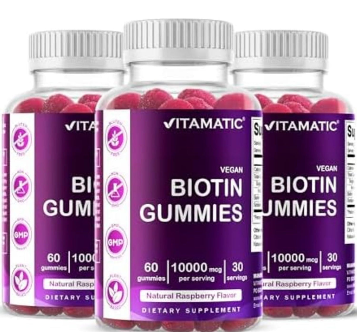 Vitamatic Biotin Gummies front view with raspberry flavour