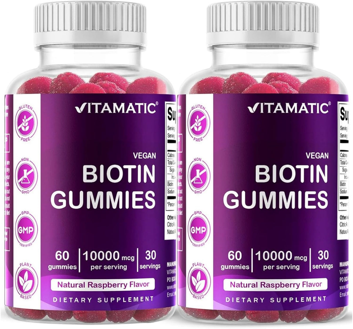 Vitamatic Biotin Gummies front view with raspberry flavour