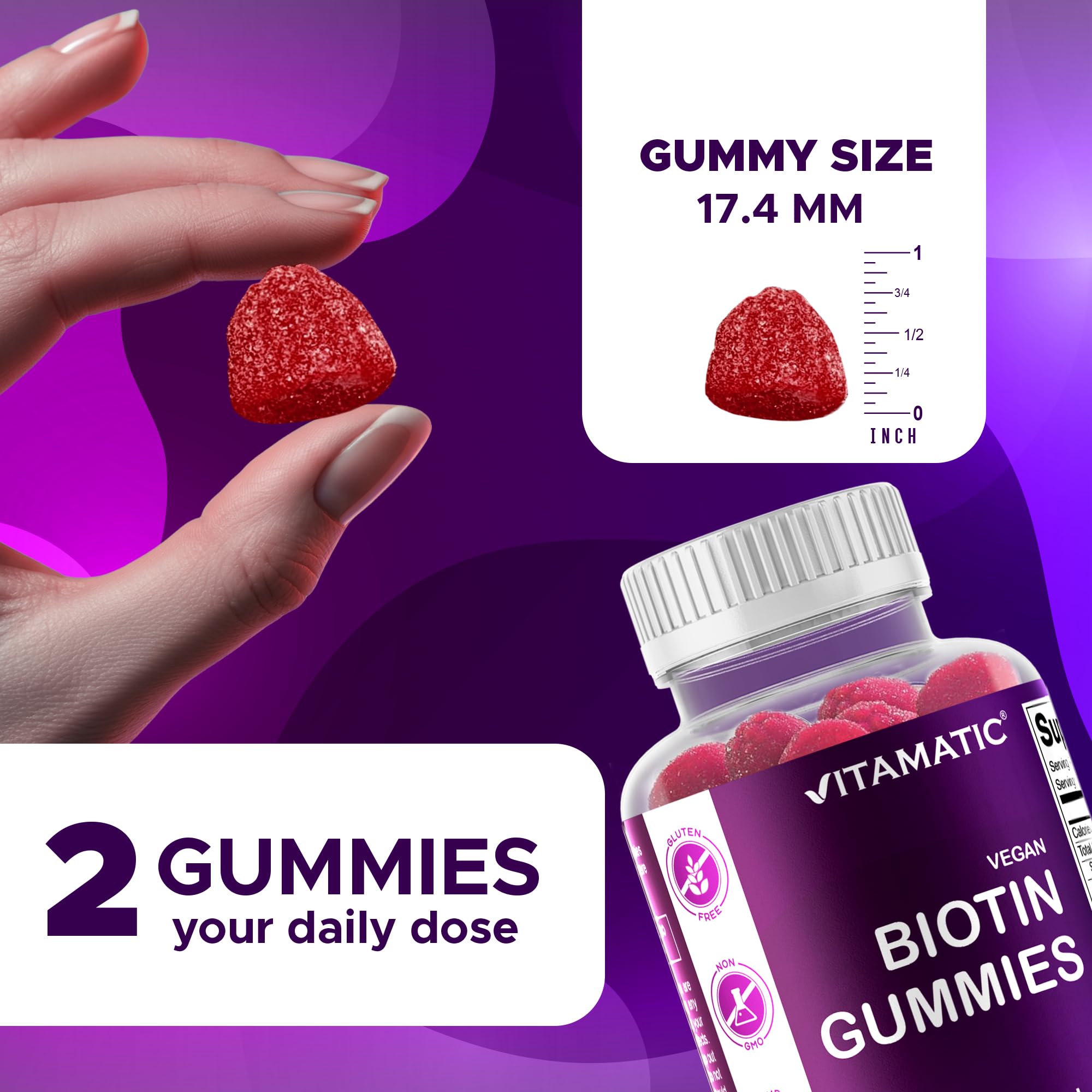Vitamatic Biotin Gummies in a bowl with natural raspberry