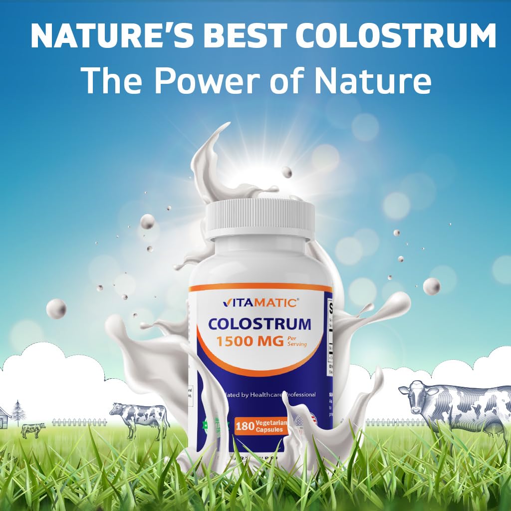 Vitamatic Bovine Colostrum Capsules on a wooden table