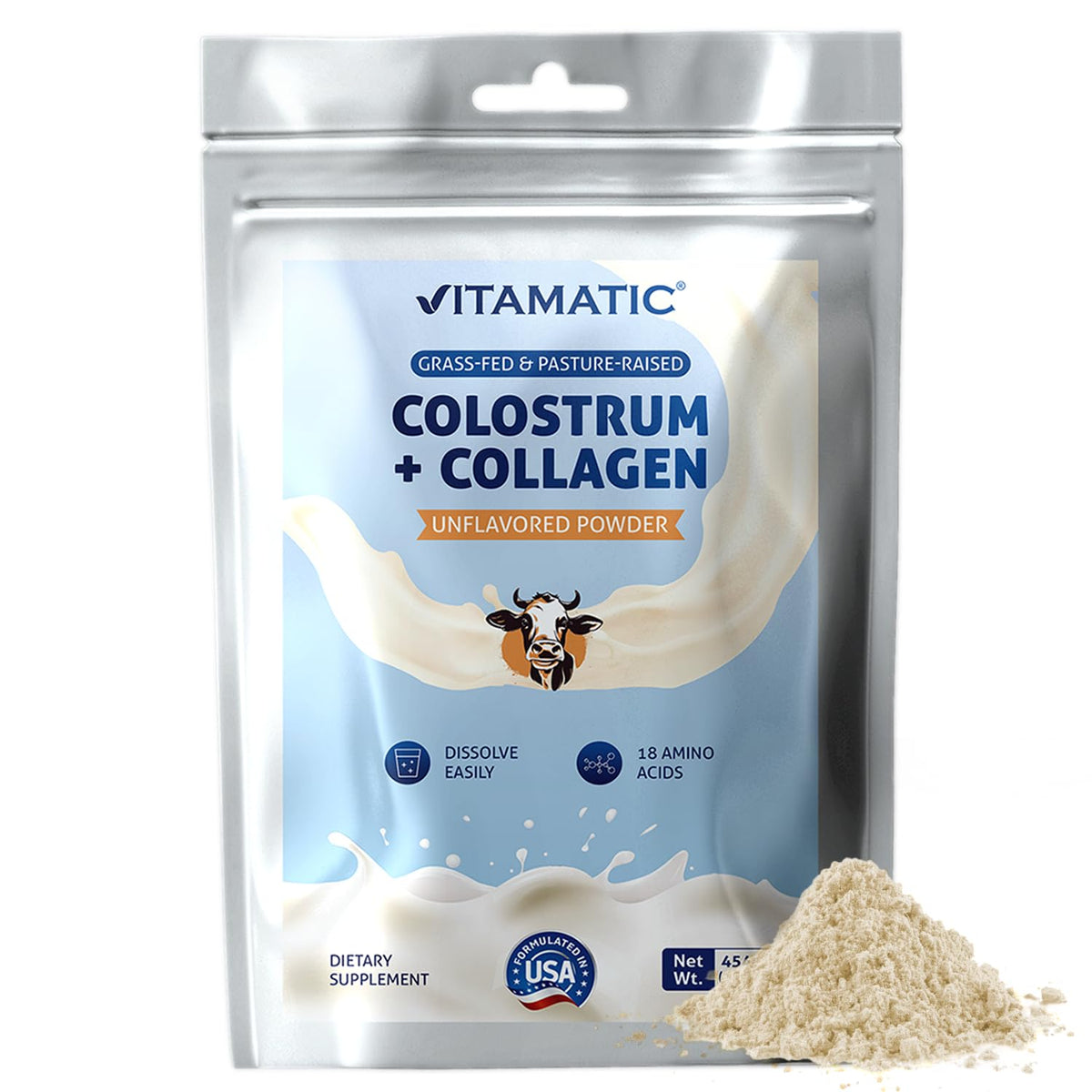 Vitamatic Bovine Colostrum & Hydrolyzed Collagen Powder front view