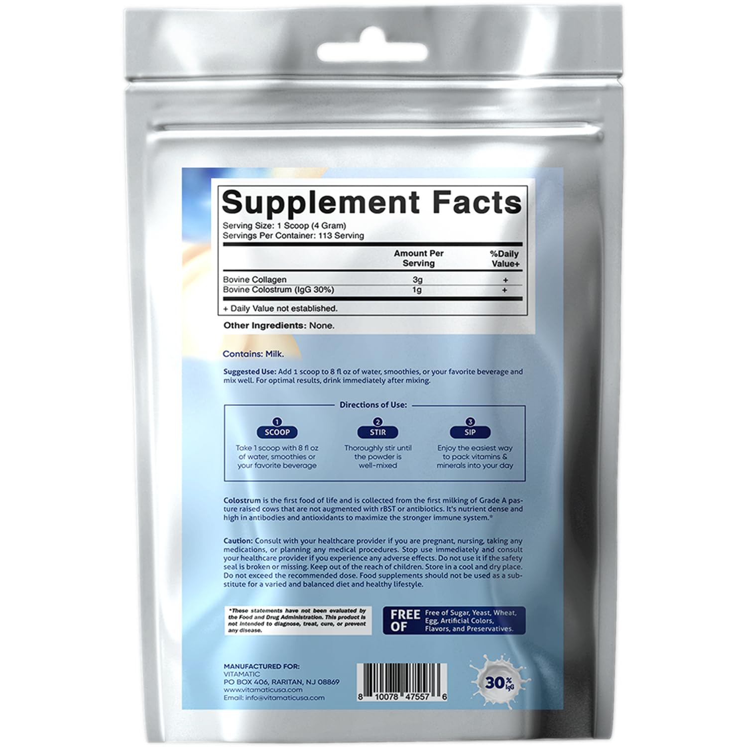 Vitamatic Bovine Colostrum & Hydrolyzed Collagen Powder ingredients list