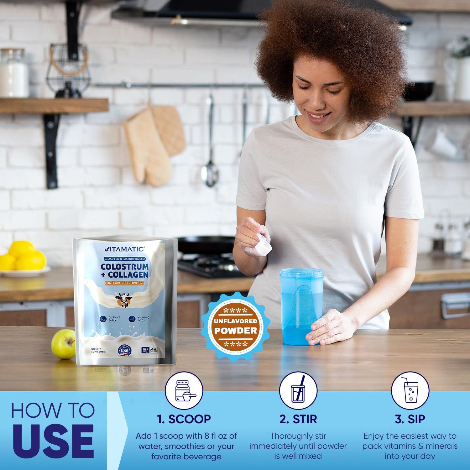 Vitamatic Bovine Colostrum & Hydrolyzed Collagen Powder mixed in water