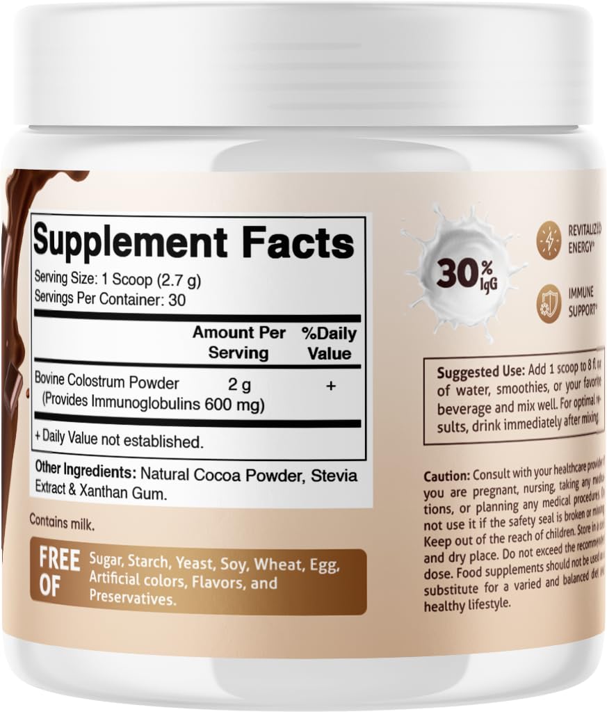 Vitamatic Bovine Colostrum Powder 108g container on a kitchen counter