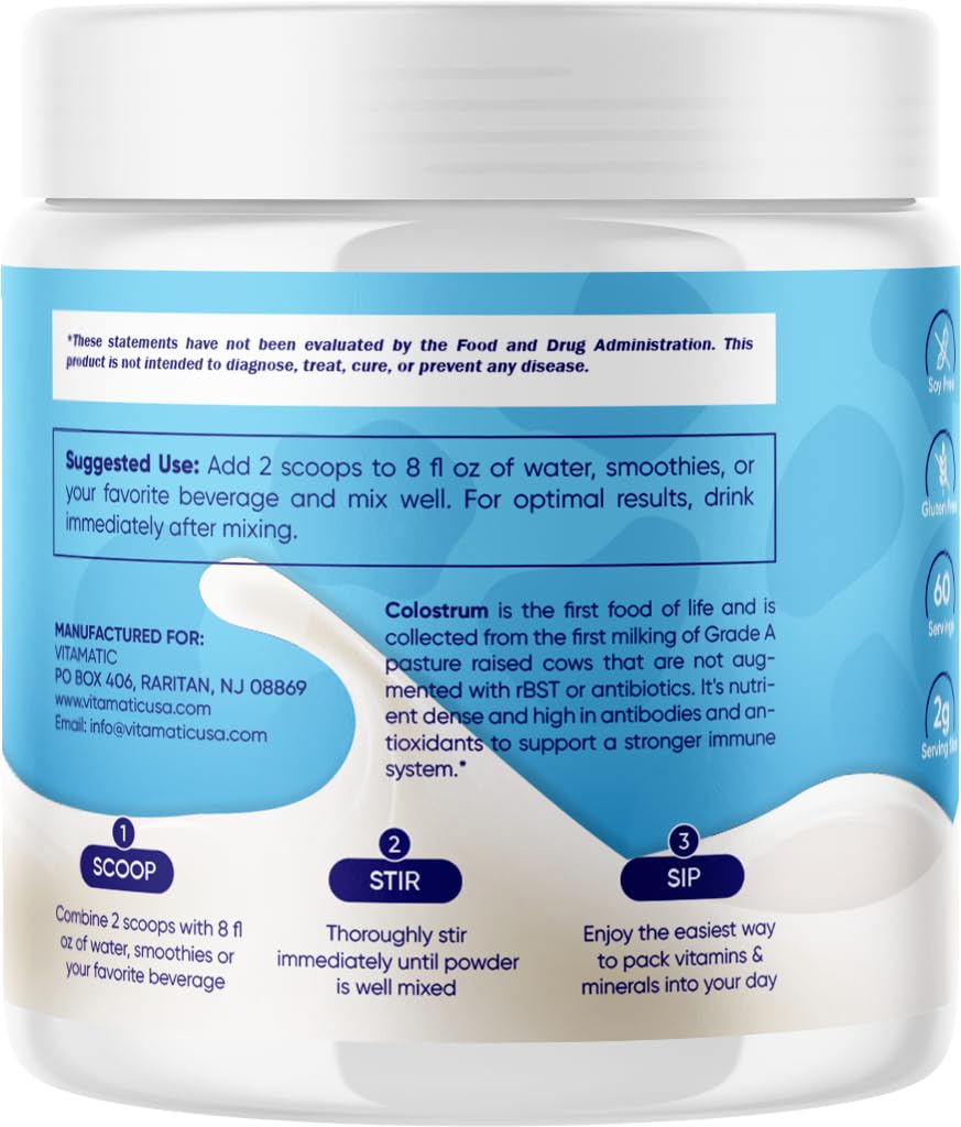 Vitamatic Bovine Colostrum Powder in a glass of water