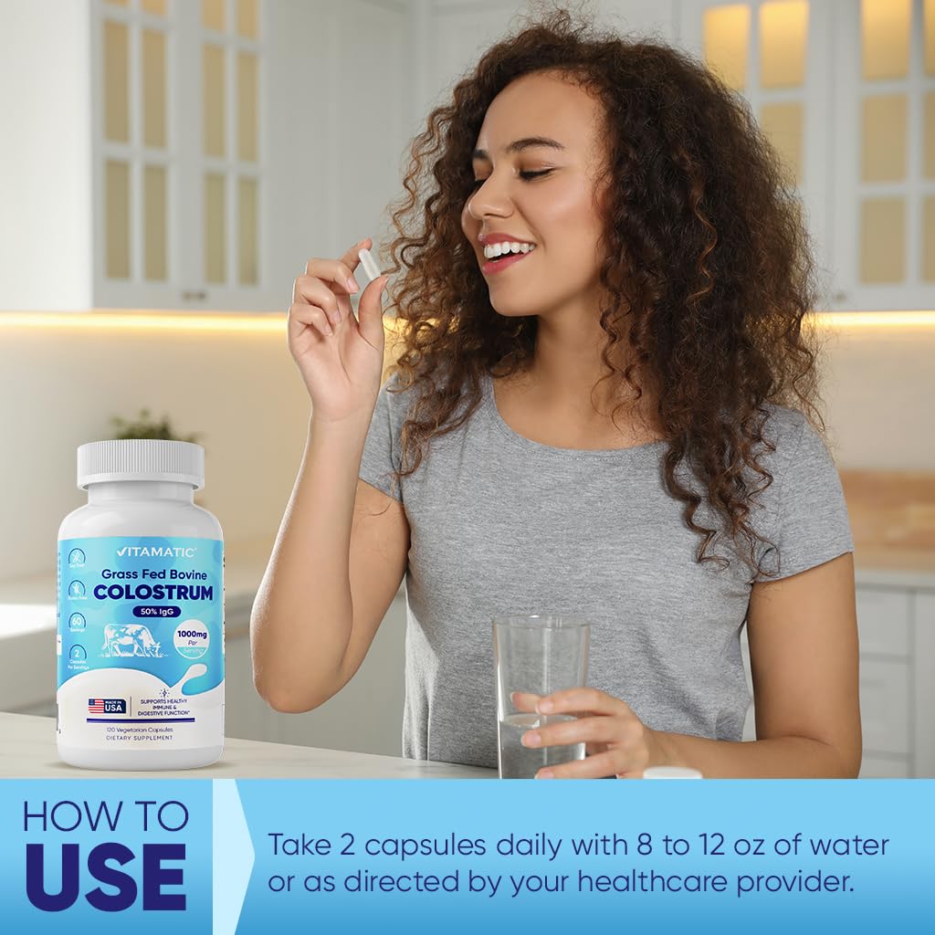 Vitamatic Bovine Colostrum Supplement 1000 mg capsules in a glass