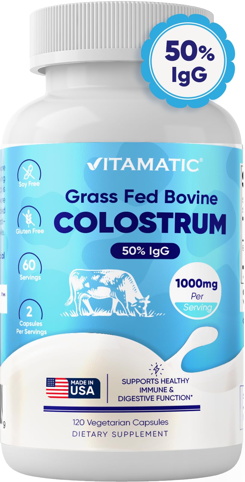 Vitamatic Bovine Colostrum Supplement 1000 mg on a kitchen counter
