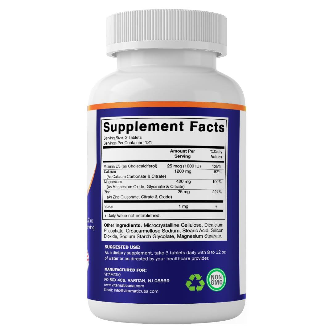 Vitamatic Calcium Magnesium Zinc Vitamin D3 Supplement bottle with a healthy meal