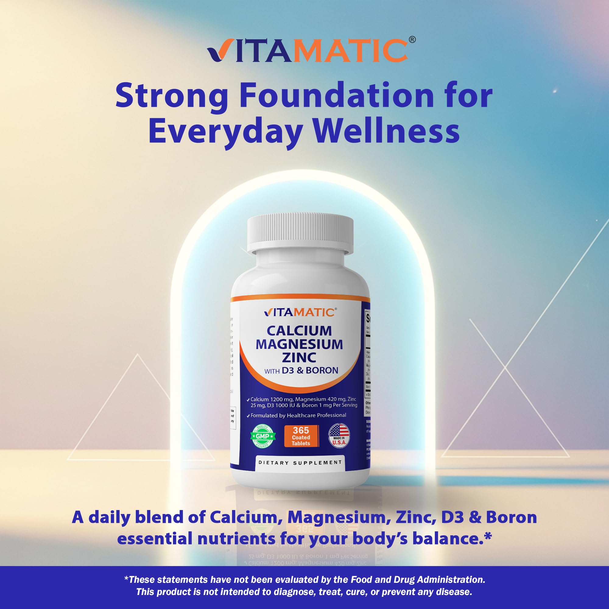 Vitamatic Calcium Magnesium Zinc Vitamin D3 Supplement bottle with measuring spoon