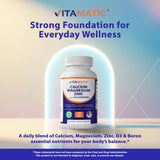 Vitamatic Calcium Magnesium Zinc Vitamin D3 Supplement bottle with measuring spoon