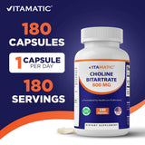 Vitamatic Choline Bitartrate Capsules back view with ingredient list