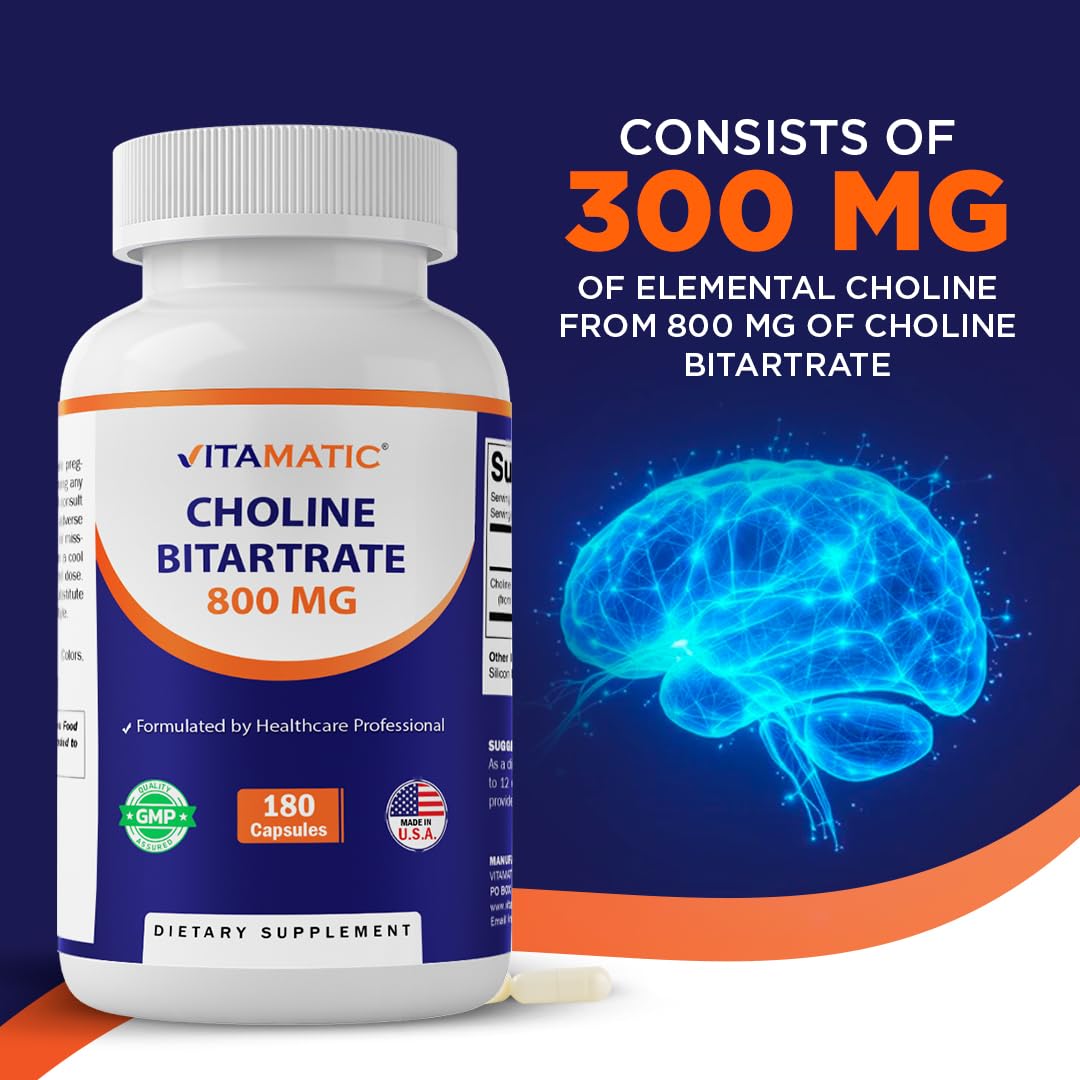 Vitamatic Choline Bitartrate Capsules displayed with a glass of water