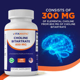 Vitamatic Choline Bitartrate Capsules displayed with a glass of water