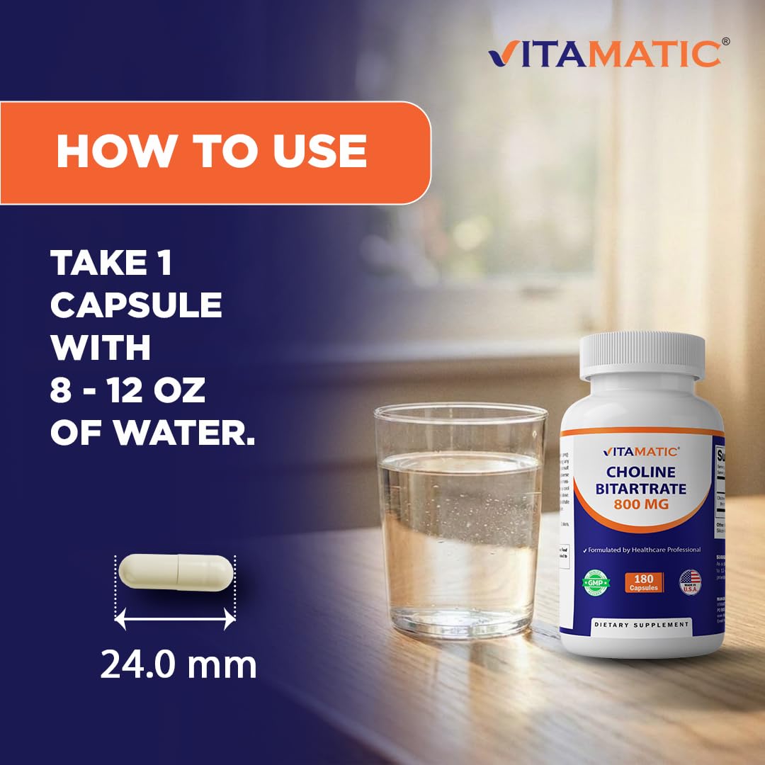 Vitamatic Choline Bitartrate Capsules in packaging on a wooden table