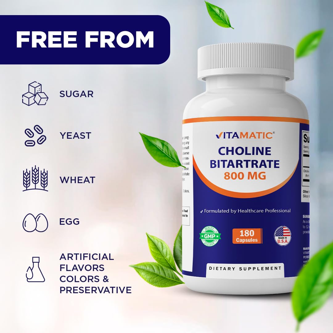 Vitamatic Choline Bitartrate Capsules showing nutritional information